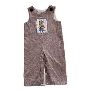 Zucchini Checkered Kids Overalls, Size 18M, Brown, Smocked Zoo Animals.